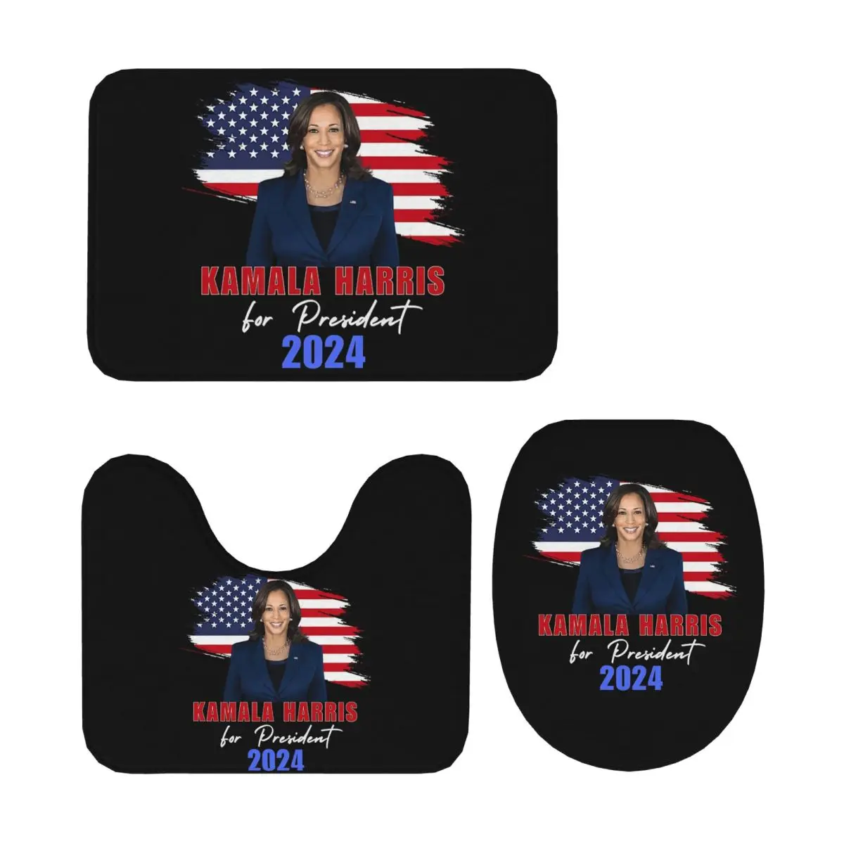 

Kamala Harris For President 2024, 3 шт., коврик для ванной, набор для ванной комнаты, крышка для унитаза, домашний декор, нескользящий ковер, напольный коврик
