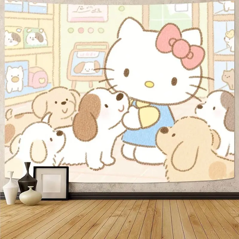 

1 шт. Sanrio Hello Kitty & Puppies Kawaii Эстетический гобелен Полиэстер Настенное искусство Спальня Общежитие Гостиная Декор Подарок