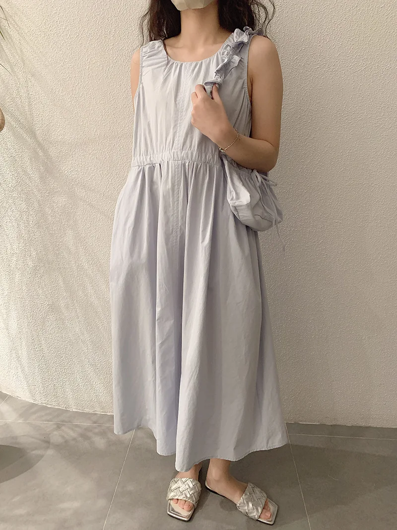 Korean Style Elegant Dress Women Summer New O-Neck Sleeveless Gift Bag Long Dresses Fashion Niche With Pocket Sundress