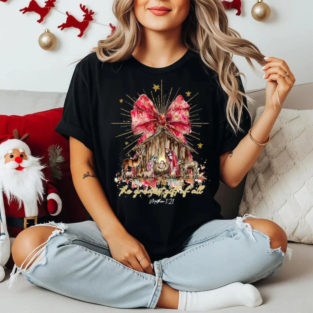 Preppy Christian Nativity Scene Shirt Faith New Year Tshirt Greatest Gift of All Hand Drawn Nativity Coquette Tee New Year Gift