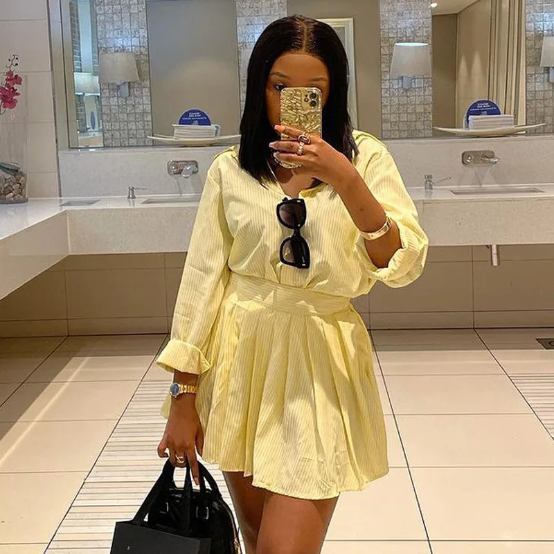 

2025 Summer New Fashion Women's Striped Casual Trendy 2 Piece Sets Long Sleeve Turn-down Collar Shirts Above Knee Length Skirts