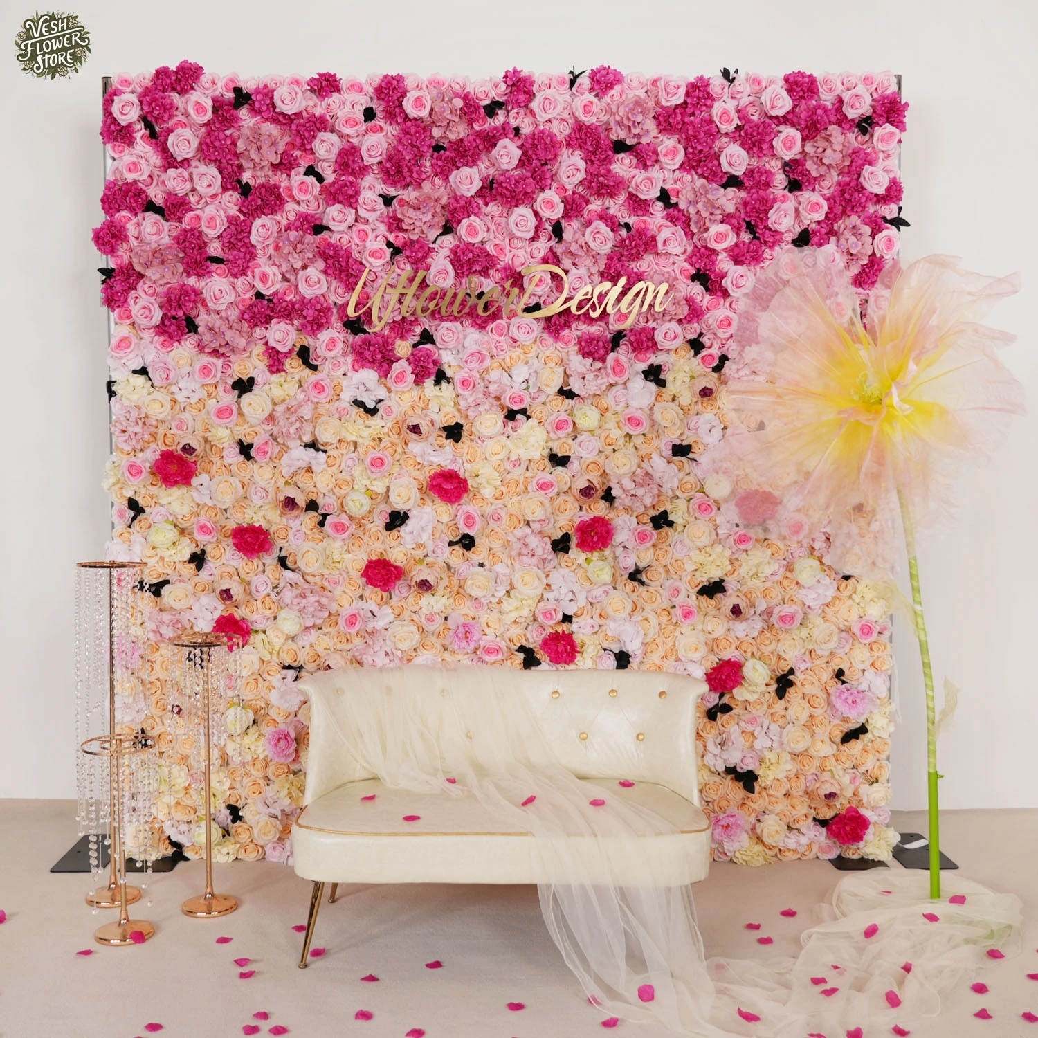 

Artificial Pink Champagne Flower Wall 5D Wedding Background Proposal Anniversary Birthday Flower Party Decoration