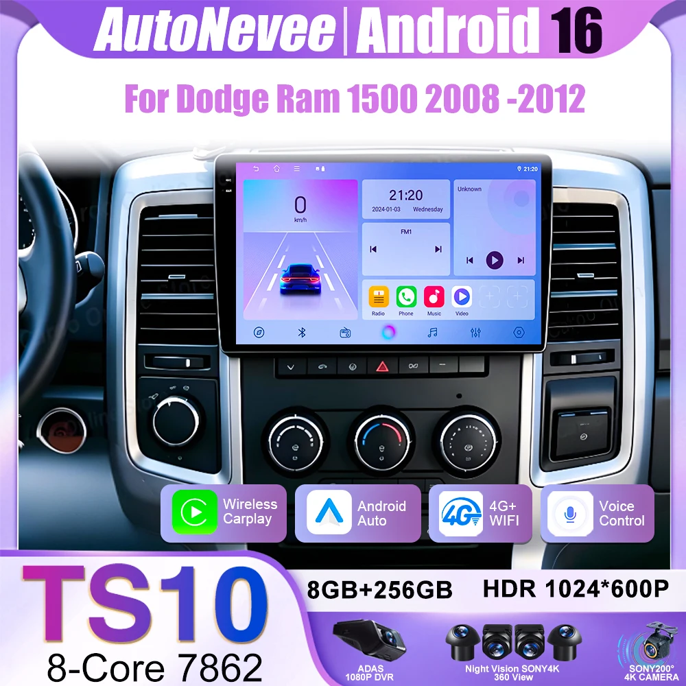 For Dodge Ram 1500 2008-2012 Android 16 Carplay Car Radio Multimedia Navigation 4G Wifi Gps Autoradio Stereo Head Unit 2din Rds
