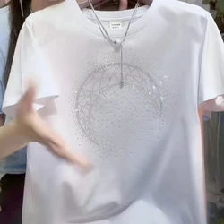 T-shirt z krótkim rękawem Moon Rhinestone dla kobiet Letni nowy design Wszechstronny top z okrągłym dekoltem