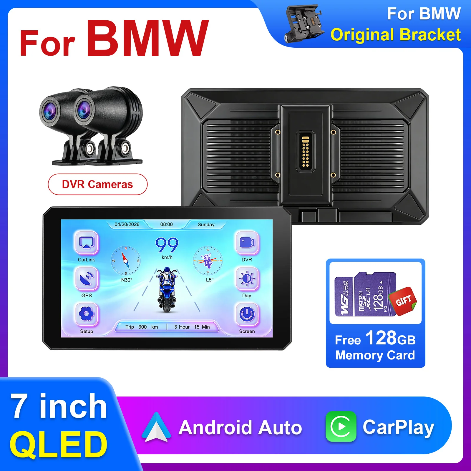 Carplay Android Auto 7 Inch for BMW Moto Waterproof Screen with DVR  Camera Motorbike GPS Navigation Siri Voice Control
