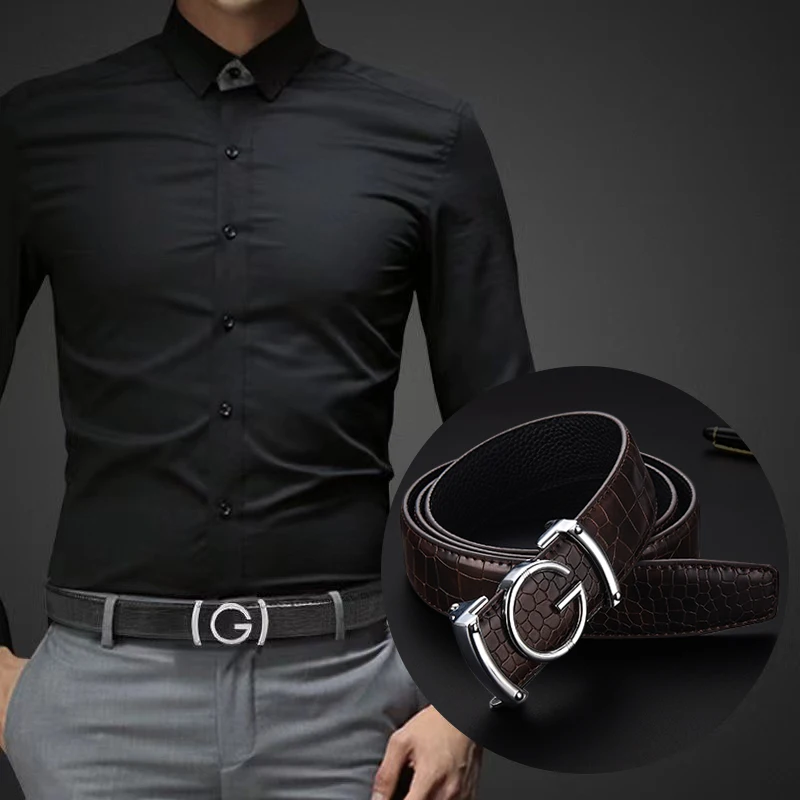 Casual Men's Belt High Quality Genuine Second Cow Leather Belts Strap Male Metal Smooth Buckle Fashion