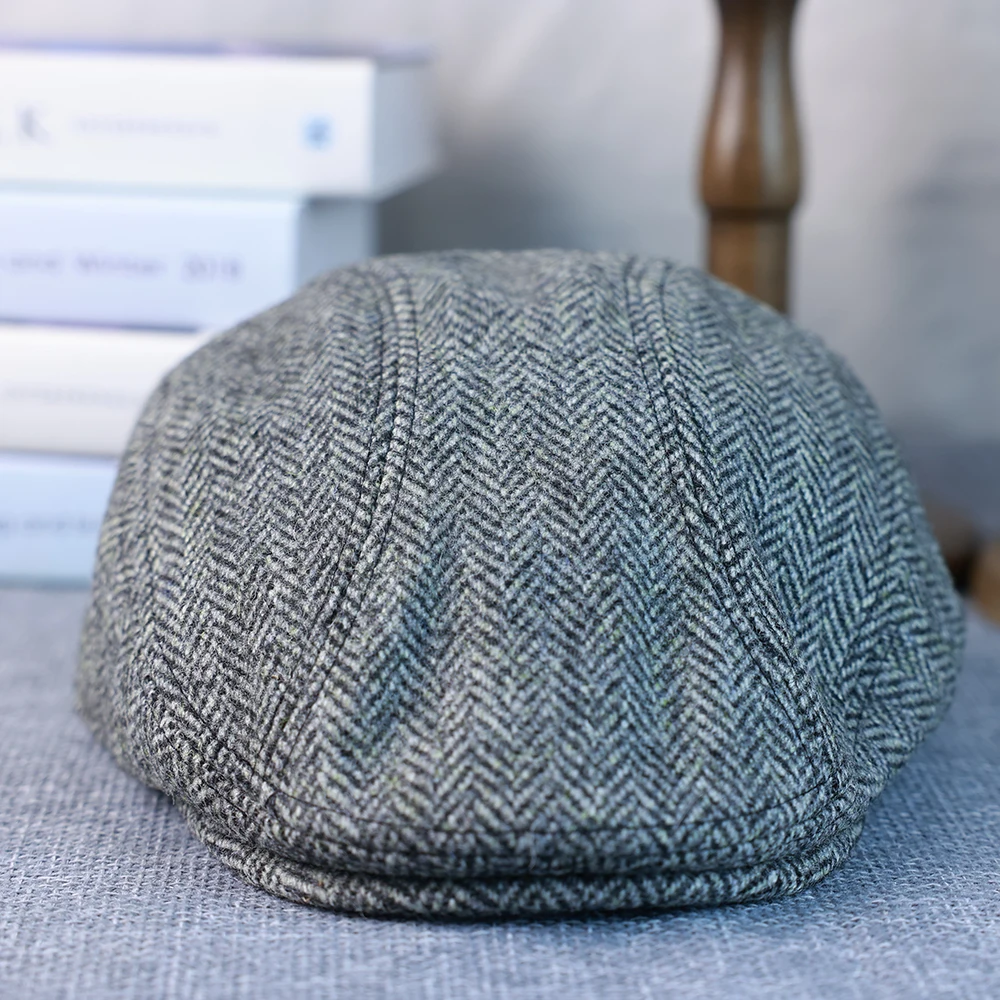 

Autumn Winter Pure Wool Gray Herringbone Newsboy Cap New Beret Men's Women Literary Retro Hat England Hats Male Hats 010