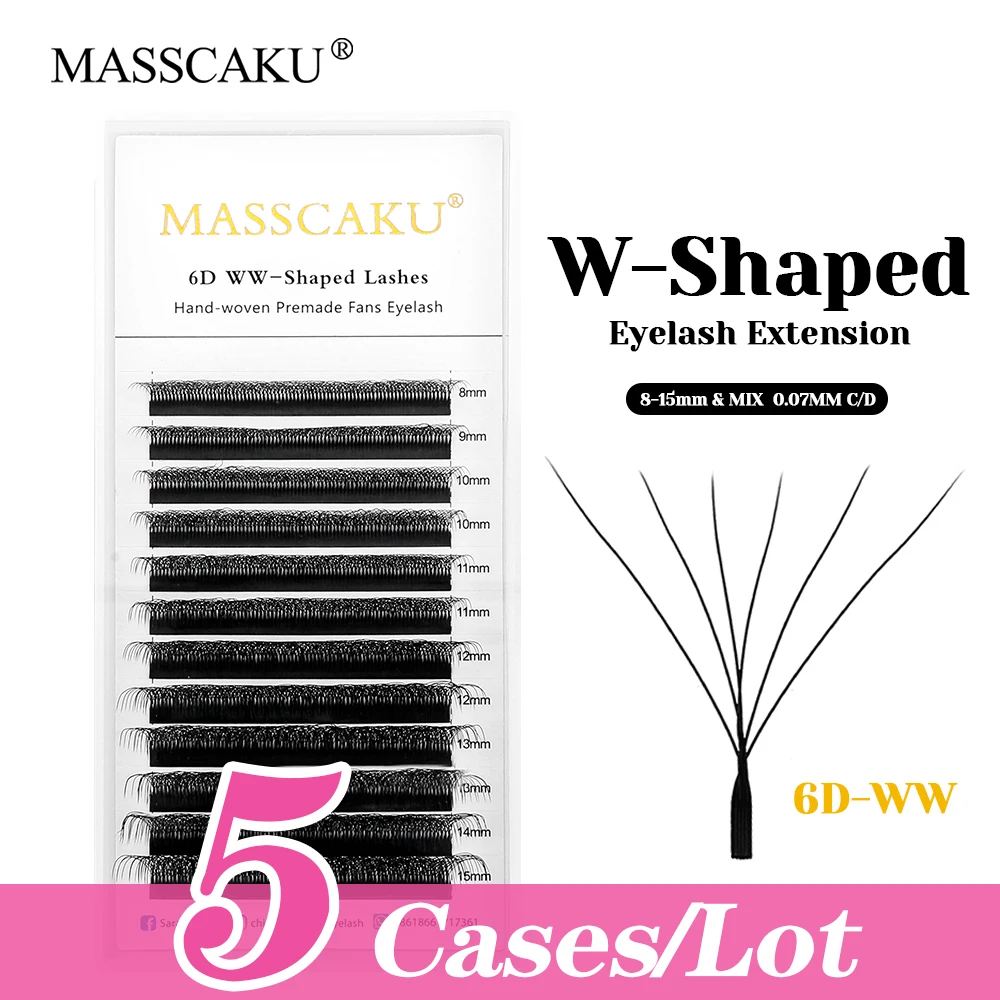 

MASSCAKU 5cases/lot 12 Lines 3D/4D/5D/6D/7D/8D/9D/10D W Shaped Lashes Matte Dark Black Ribbon W Design Eyelashes for Makeup Use