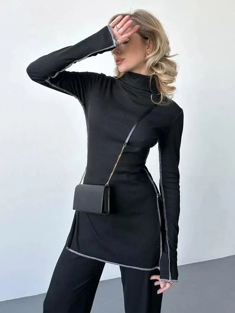 Kliou Stile Casual Set da 2 pezzi Dolcevita da donna Manica intera T-shirt con spacco laterale + Pantaloni lunghi solidi a vita alta Abiti semplici alla moda