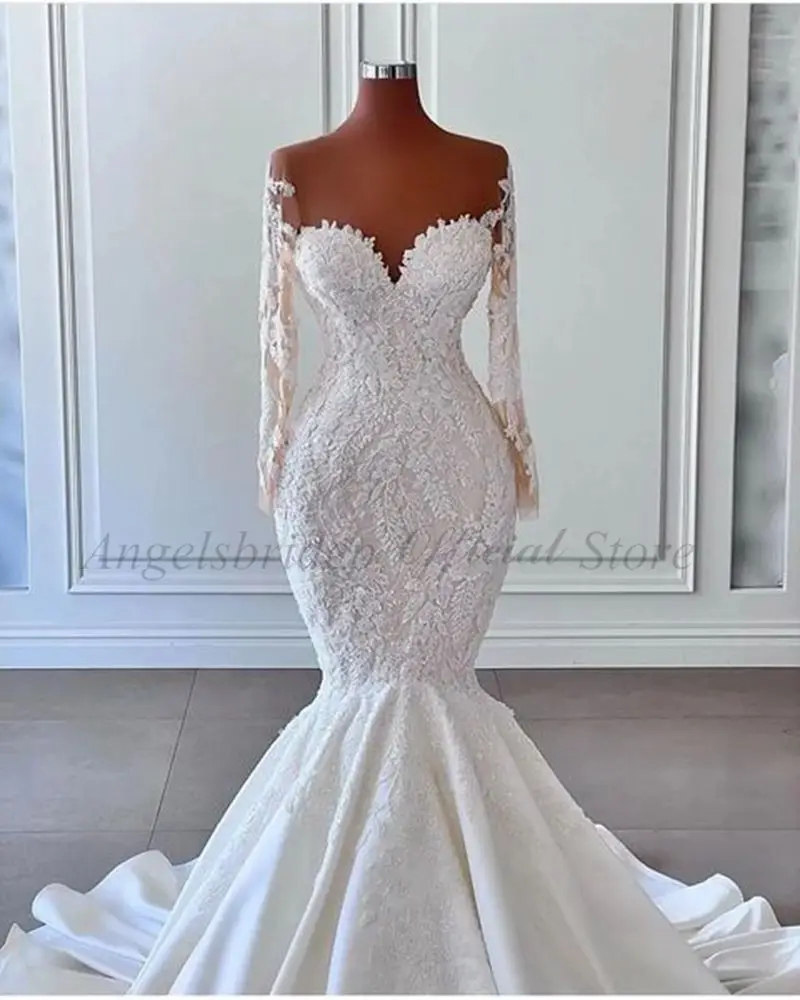 Angelsbridep Boho Memaid Áo Váy Ren Appliques Càn Quét Tàu Tay Áo Dài Cô Dâu Đồ Bầu Áo Dây De Mariée Vestidos De Novia