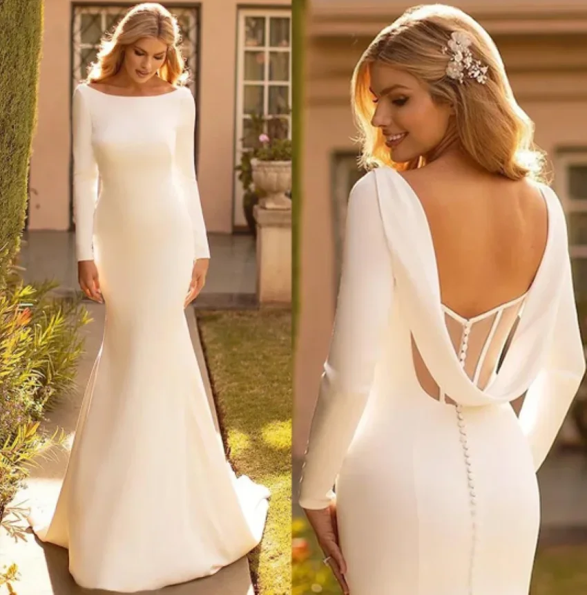 Vestido nupcial de cetim, mangas compridas, elegante vestido de noiva sereia, branco simples, trem de varredura, 2024