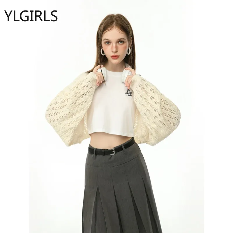 2024 Autumn for Women Crop Tops Vintage Korean Retro High Street  Hollow Out Sweater Cardigan Knit Jacket Tops