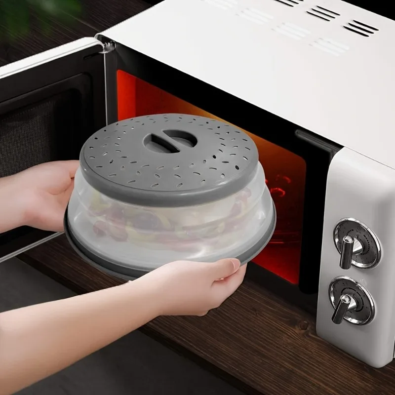1Pc 10.5 Inch Round Multi Ply Collapsible Microwave Food Cover with Steam Vent and Strainer Easy to Carry Design with Handle