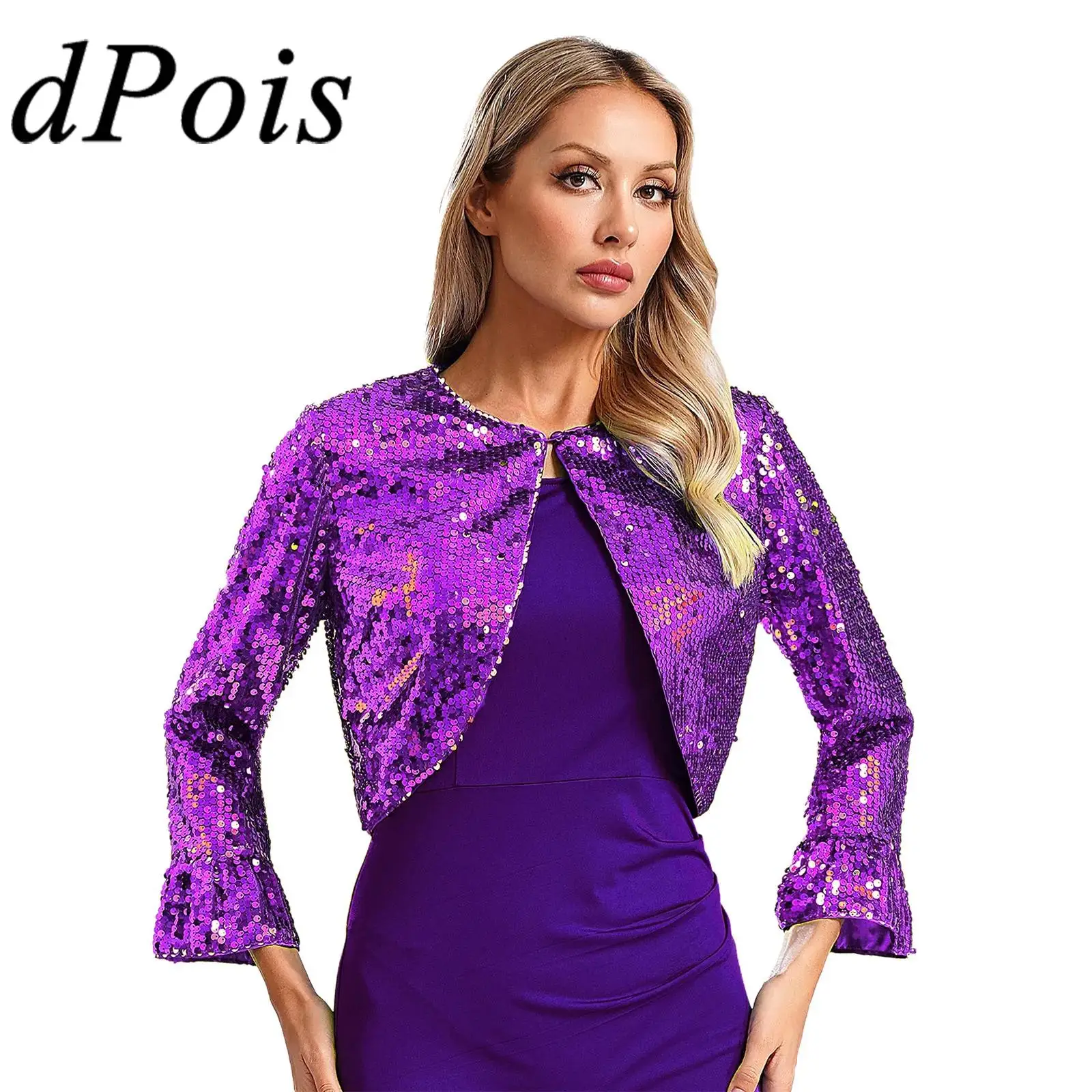 

Fashion Women's Bolero Shrug Long Sleeve Glittery Sequin Jacket Coat Outerwear for Cocktail Party Club Wedding Formal Occasions