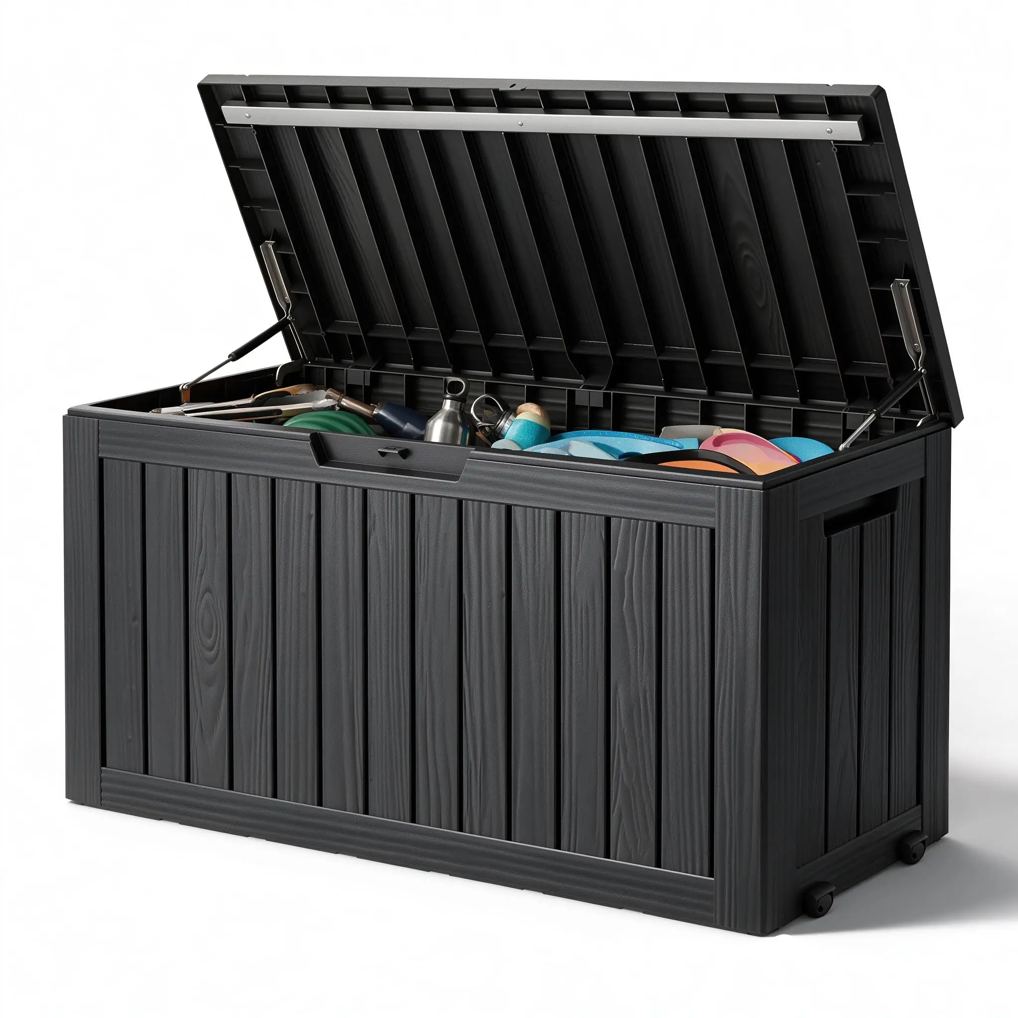 90 Gal Deck Box,Waterproof Resin Outdoor Storage Gas Lift,Lockable Black