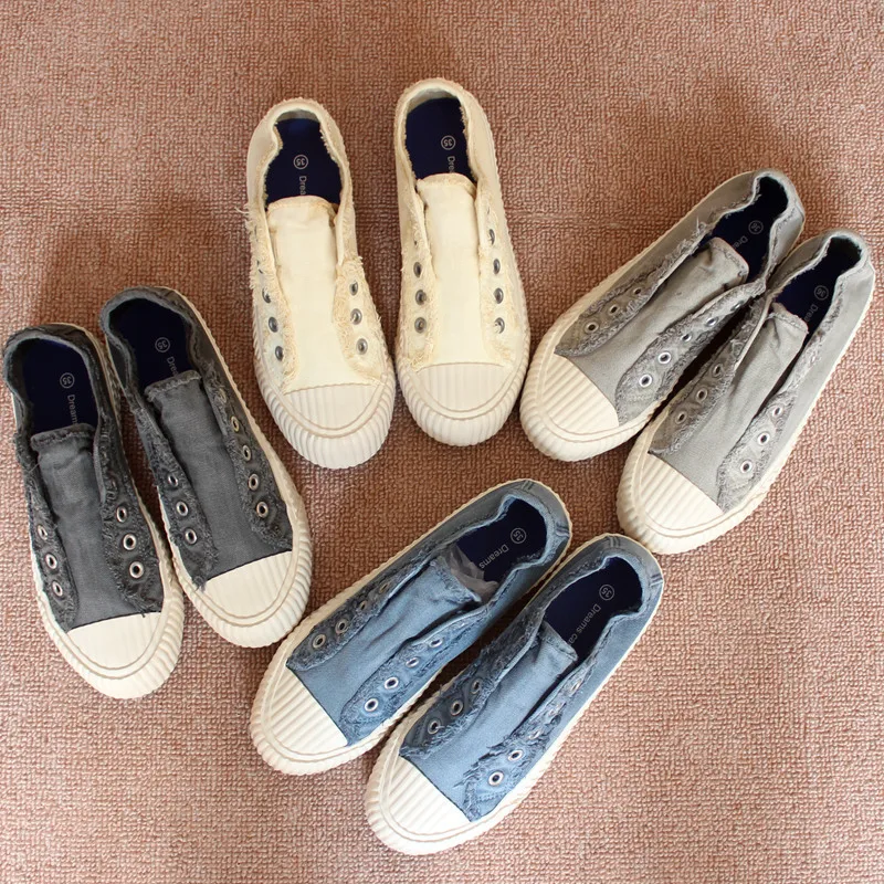 Washed Canvas Slip-On Shoes Women's Low Top Fashionable Vintage Hong Kong Style Rubber Sole Comfortable Breathable Footwear