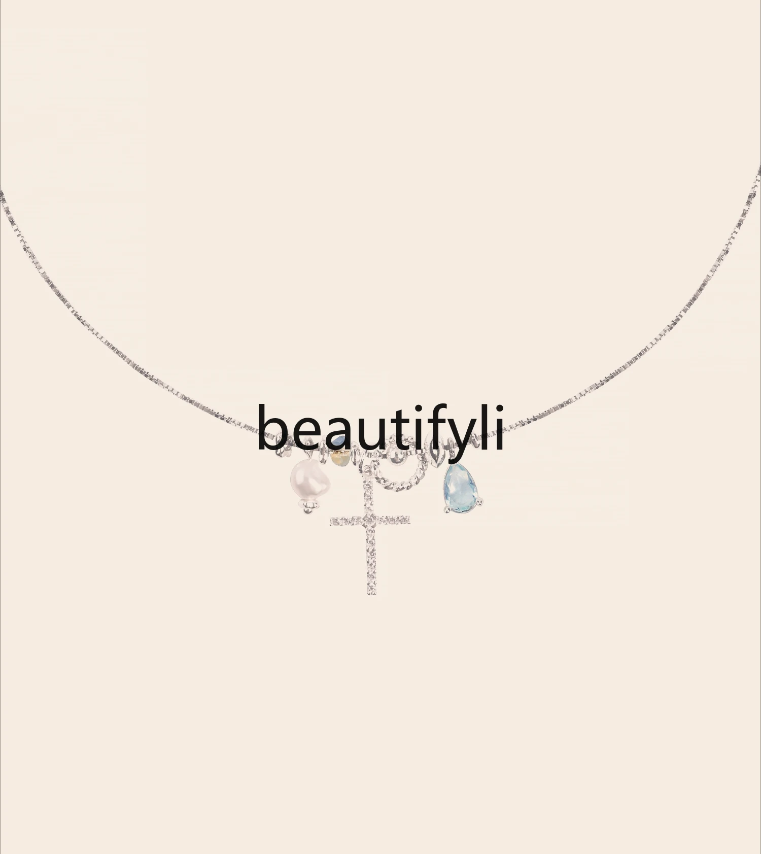 

Original Sterling Silver Necklace Blue Zircon Cross Pendant Collarbone Chain