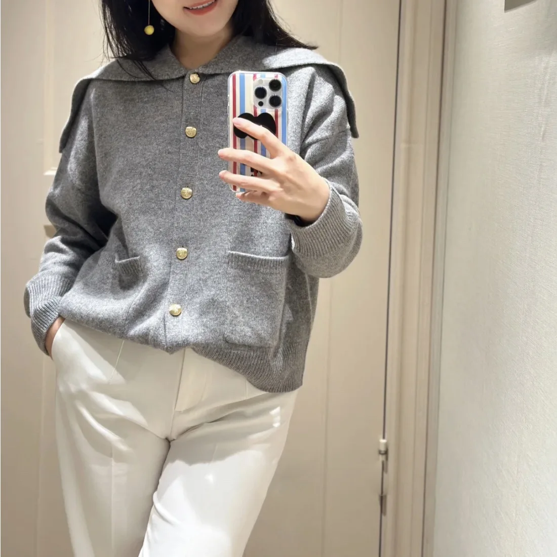 

Women's Navy Casual Sailor Collar Wool Blended Cardigan Short Jacket 16A-0044