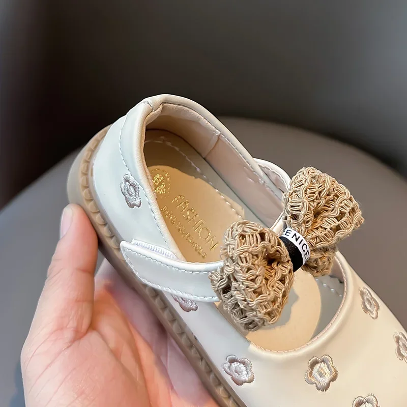 2024 Spring Summer Girls Soft-soled Anti-slip Princess Shoes Baby Breathable PU Leather Bow Children Loafer