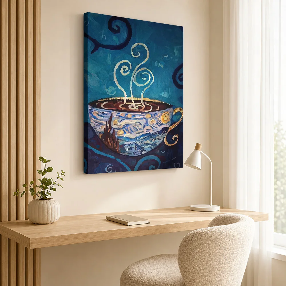 Coffee Cup With Swirling Steam Canvas Print Personalized Photo Expressive Painterly Composition Wall Art For Cafe Seating Area