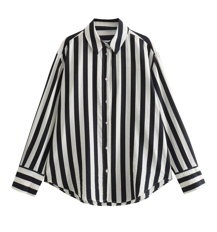 2024年春 レディースファッショナブルストライプ柄ロングスリーブ万能エレガント新作ルーズフィットレギュラー丈プレミアム品質