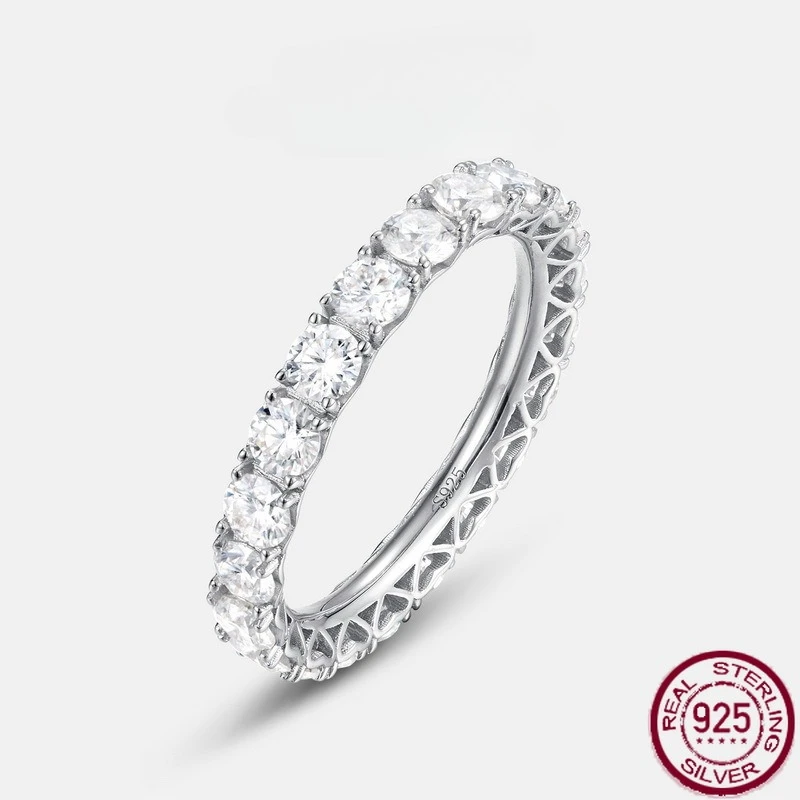 

New S925 Pure Silver Sparkling Single Row Ring with Moissanite Claw and Colored Diamond, Fashionable Wedding Jewelry