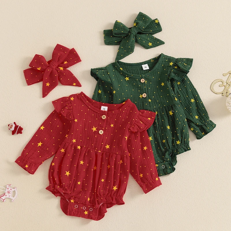 0-18 Months Baby Girl Christmas Romper Star Print Long Sleeve Crew Neck Bubble Jumpsuit with Headband Fall Outfits