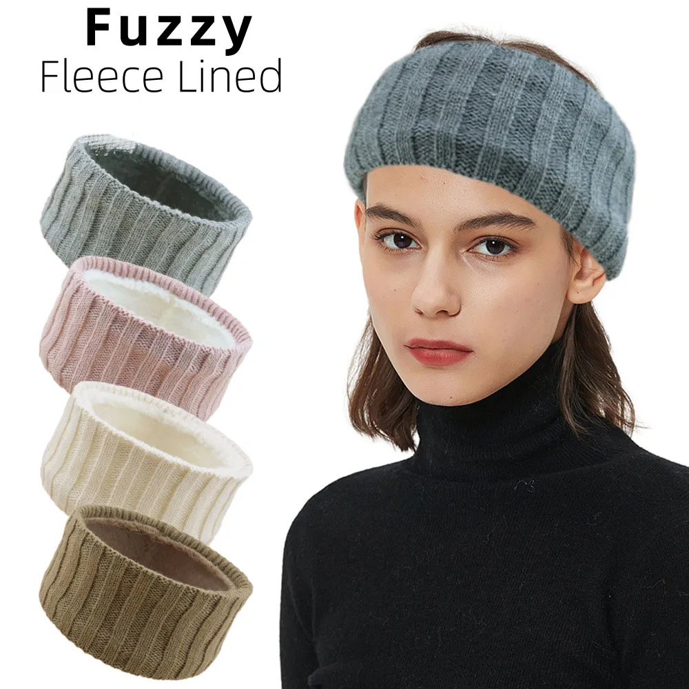 Winter gestricktes, klobiges Stirnband, dicker Turban, gerippter Strick-Ohrenwärmer mit Samtfutter, Ohrenschützer, Strumpffüller für kaltes Wetter