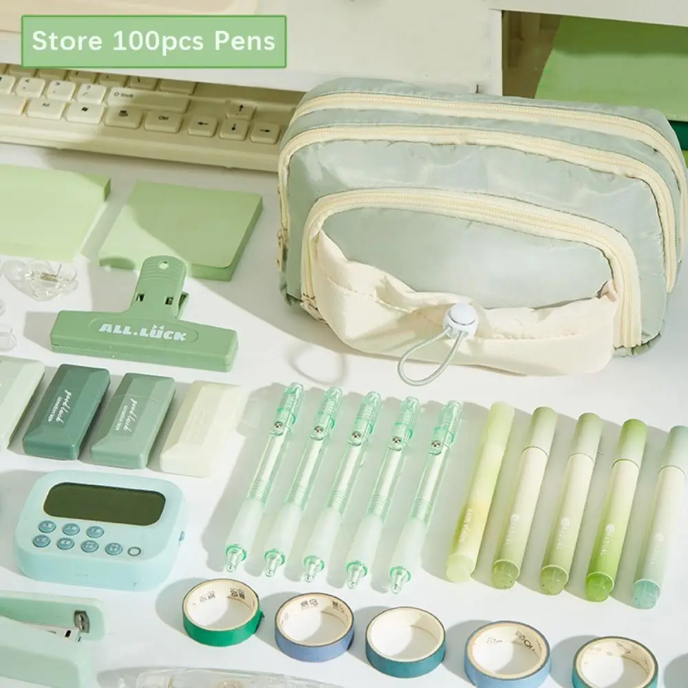 Fashion Zipper Pen Bag Large Capacity Drawstring Pencil Case Five-Layer Stationery Organizer Student