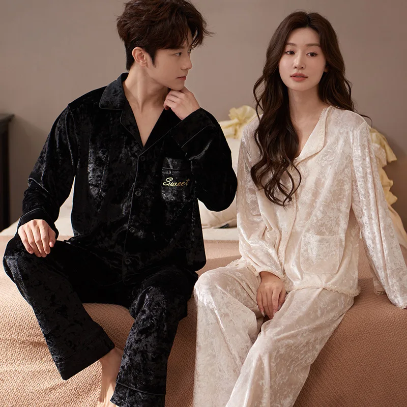 

Gold Velvet Pajamas Set For Lovers Solid Colour Couples Thick Sleepwear Pijama Shirt Pants Pijama Mujer