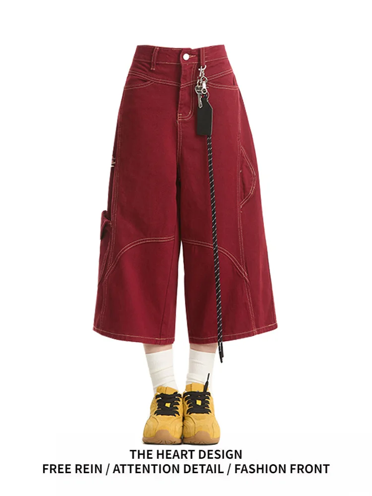 

American Retro Multi-ket Red Denim Seven-Foot Pants Women Summer New Design Loose Wide-Leg orts Mid-Pants Casual High Wa...