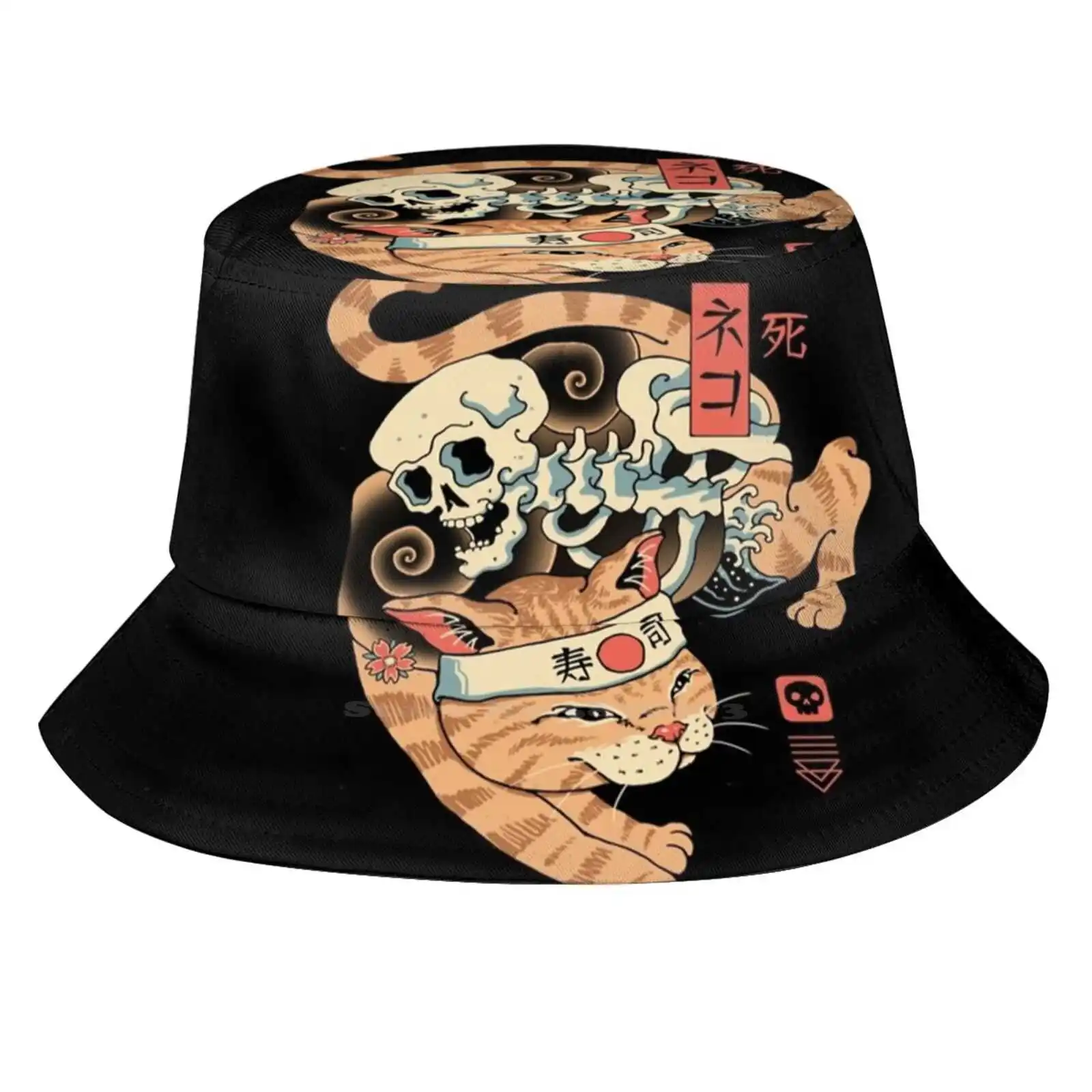 Catana Of Death Fisherman's Hat Bucket Hats Caps Cats Catana Gashado Kuro Animals Skulls Death Yokai Tattoo Japanese Art Ukiyo