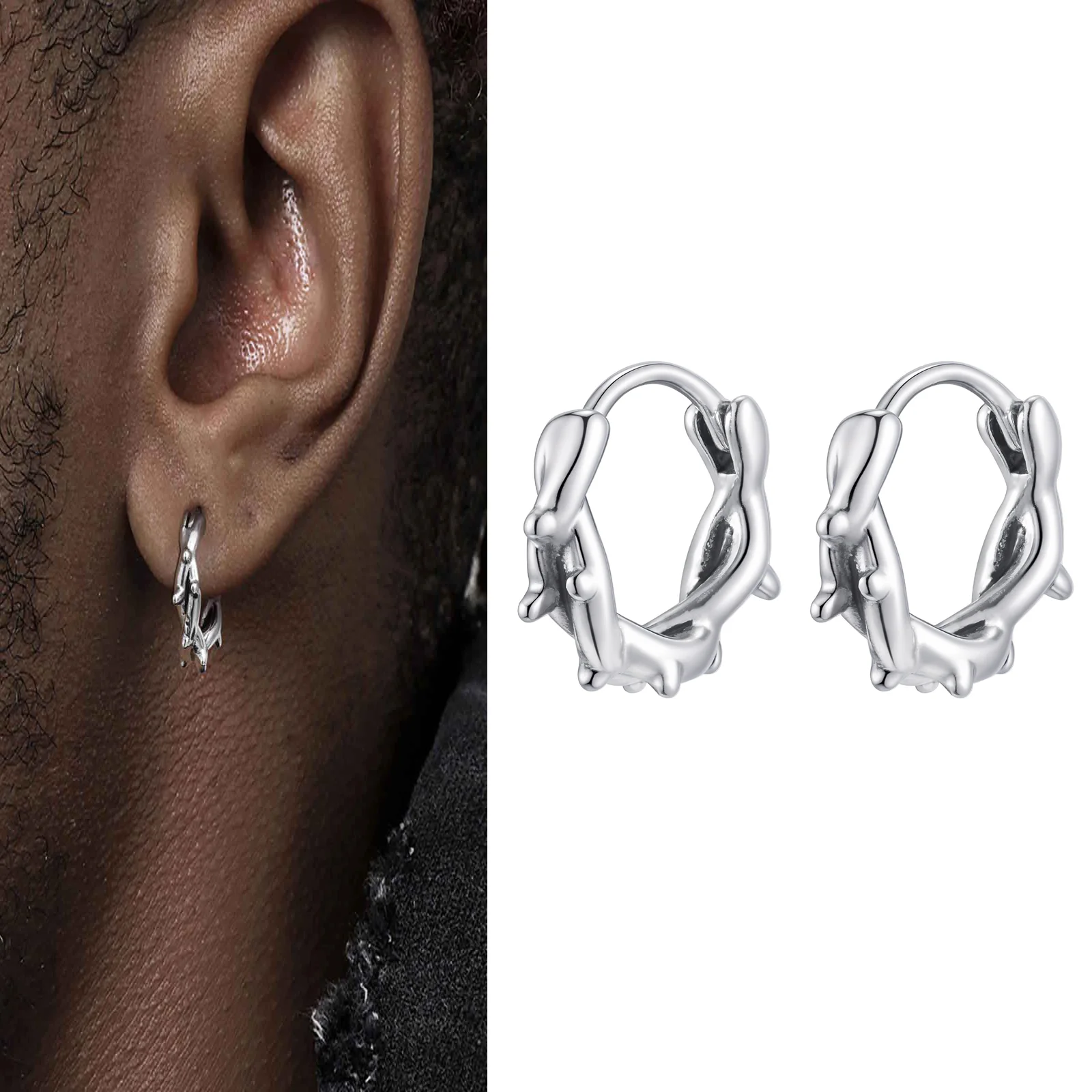 Stainless Steel Geometric Thorn Hoop Earrings for Men, Silver Color Punk Small Huggies Earrings, Hip-hop Fashion Jewelry Gift