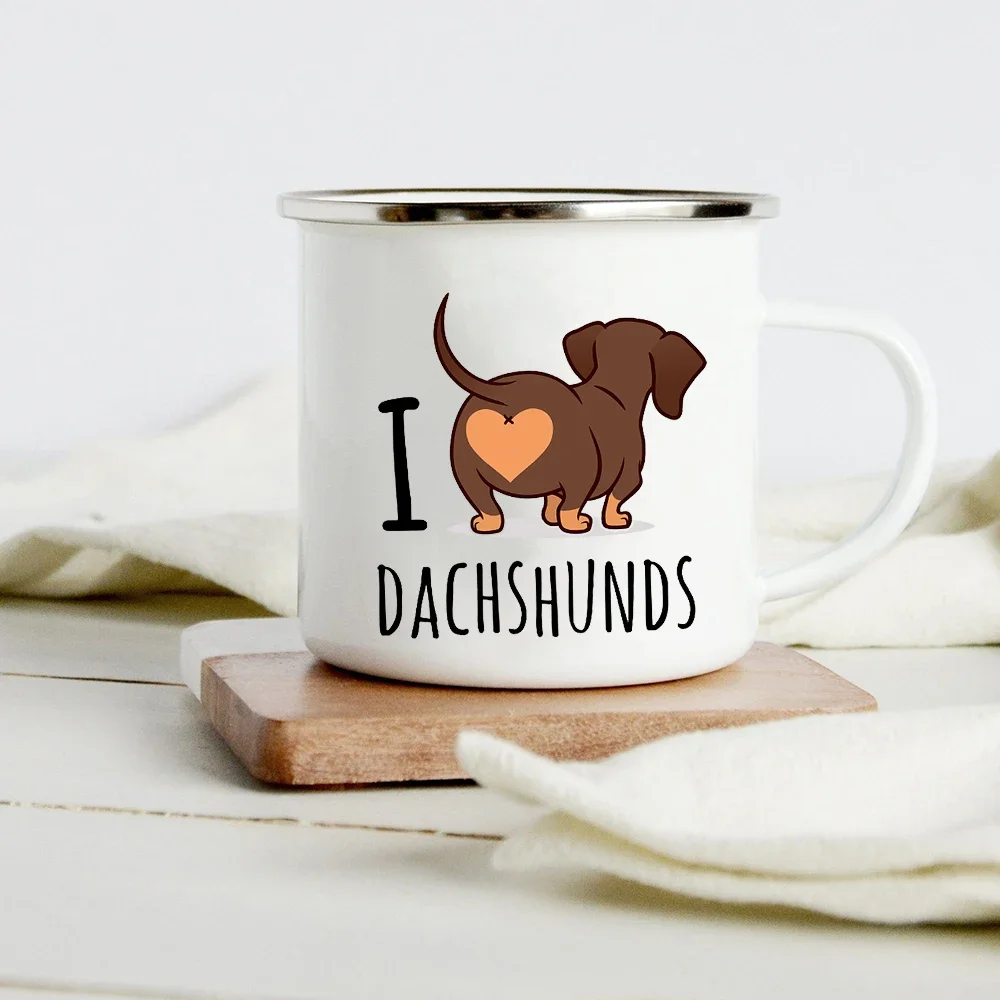 Peace Love Dogs Print Creative Enamel Coffee Mugs Cartoon Dachshunds Dog Paw Party Beer Juice Milk Cups Friend Birthday Gifts