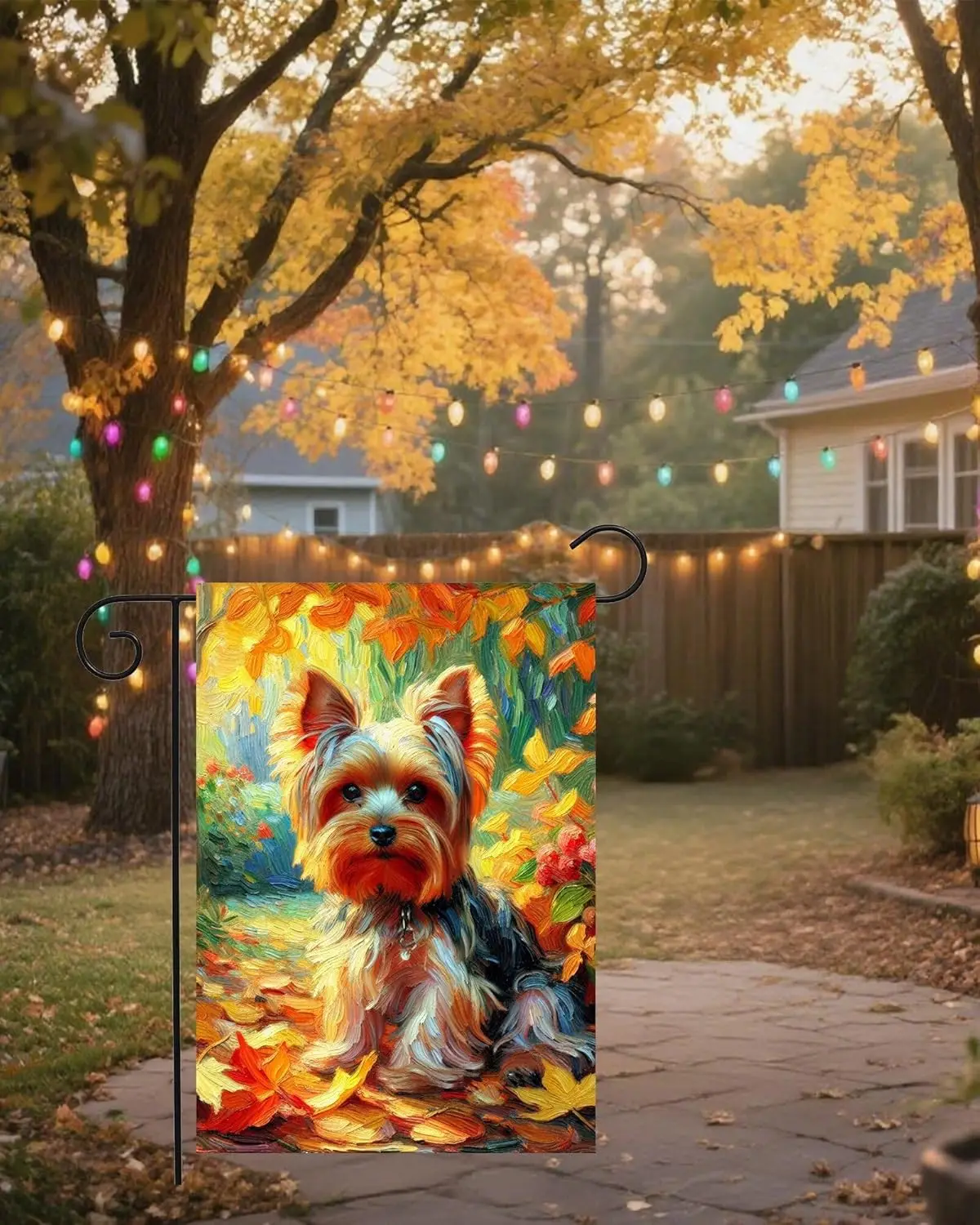 Oil Painting Cute Yorkshire Terrier Dog Autumn Maple Leaves Garden Yard Flag 12