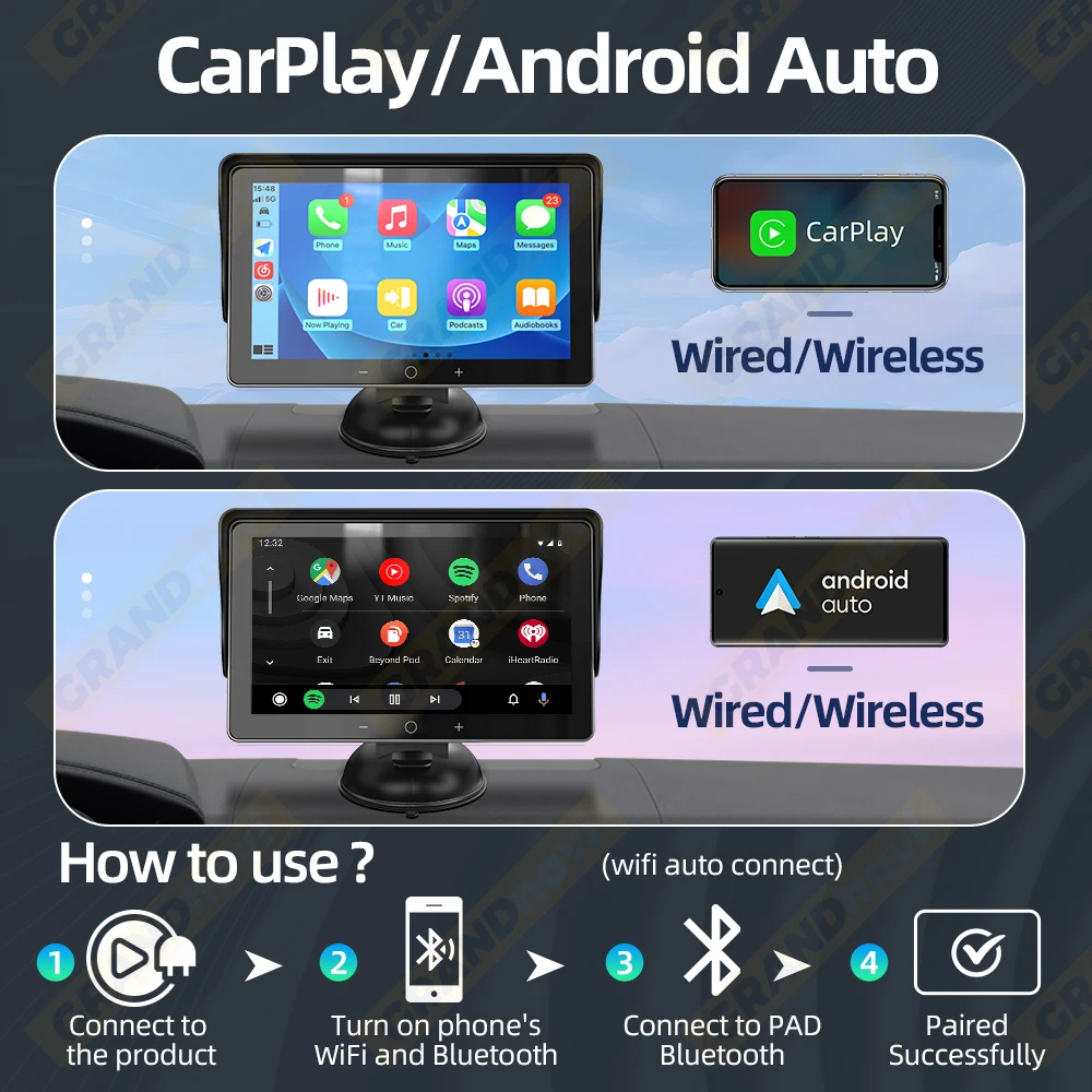 グランドナビ 7インチ カーラジオ マルチメディア ビデオプレーヤー ワイヤレスCarPlay & ワイヤレスAndroid Auto ポータブル ユニバーサル IPSタッチスクリーン