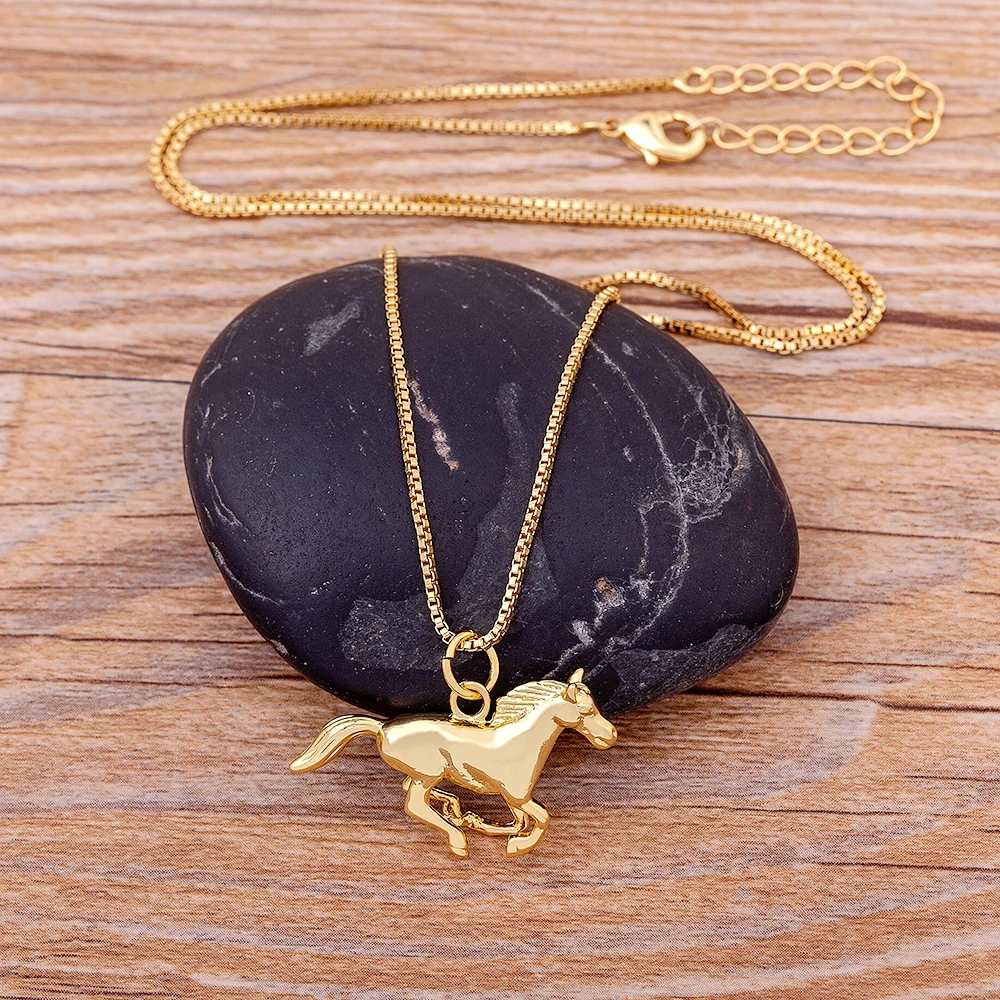 AIBEF New Punk Horse Shape Necklace Copper CZ Gold Plated Pendant Fashion Athletic Style Unisex Jewelry Lucky Long Chain Gifts