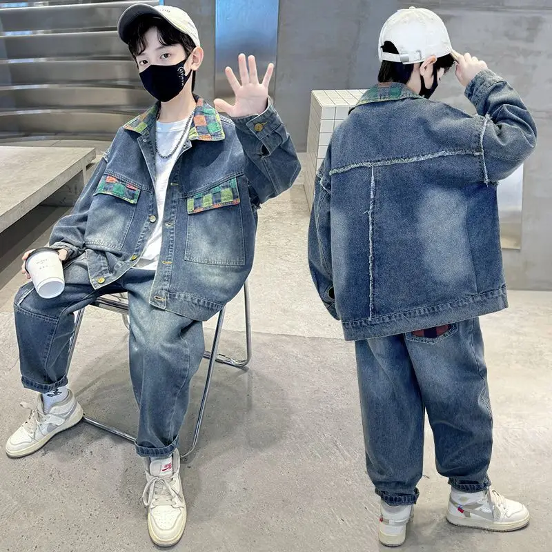 Boys' Sets Denim Jacket Jeans Two-piece Suits Autumn Spring Mid To Large Children's Clothes Contrast Colors Korea Fashion Sets