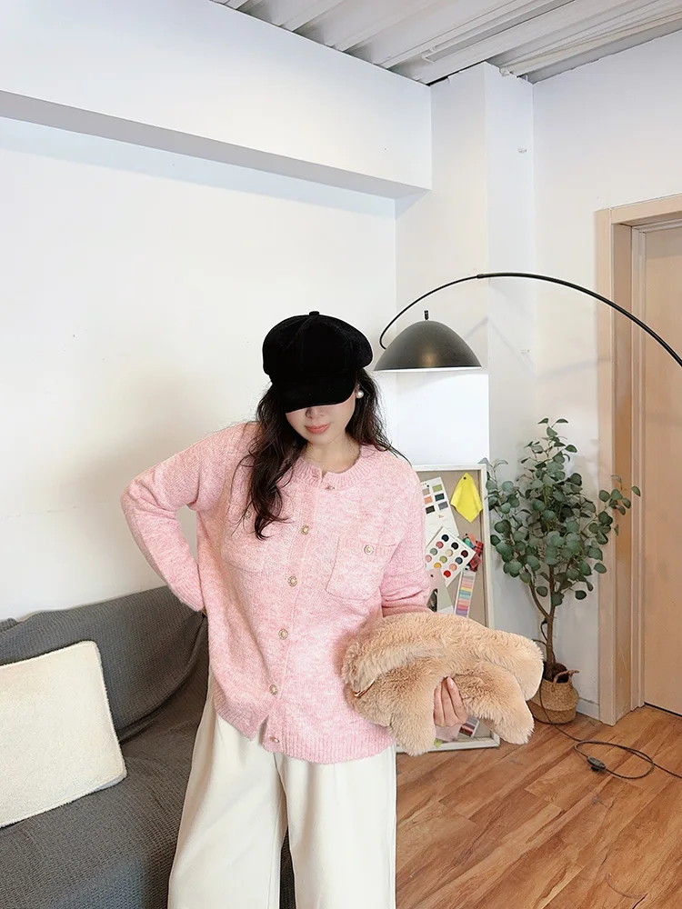 

Новый женский свитер-пальто оверсайз из полиэстера с круглым вырезом и кружевной отделкой, вязаный, повседневный, для осени и зимы