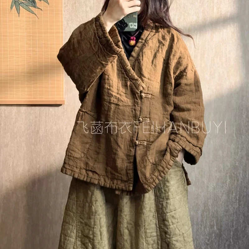 

2025 New Arrival Winter Women Loose Casual Single Breasted Long Sleeves Cotton Linen Parkas O-neck Warm Thickened Coats F228