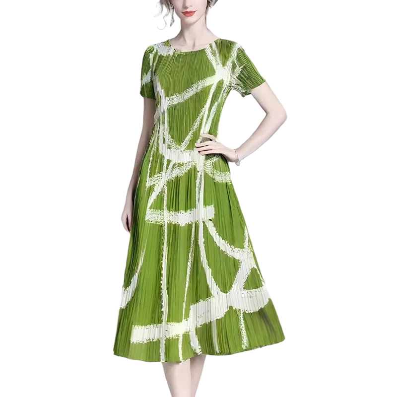 2025 Estate Nuovo Temperamento Gonna a pieghe oversize Moda donna Stampa O-Collo Manica corta Abito longuette Abito vintage da donna