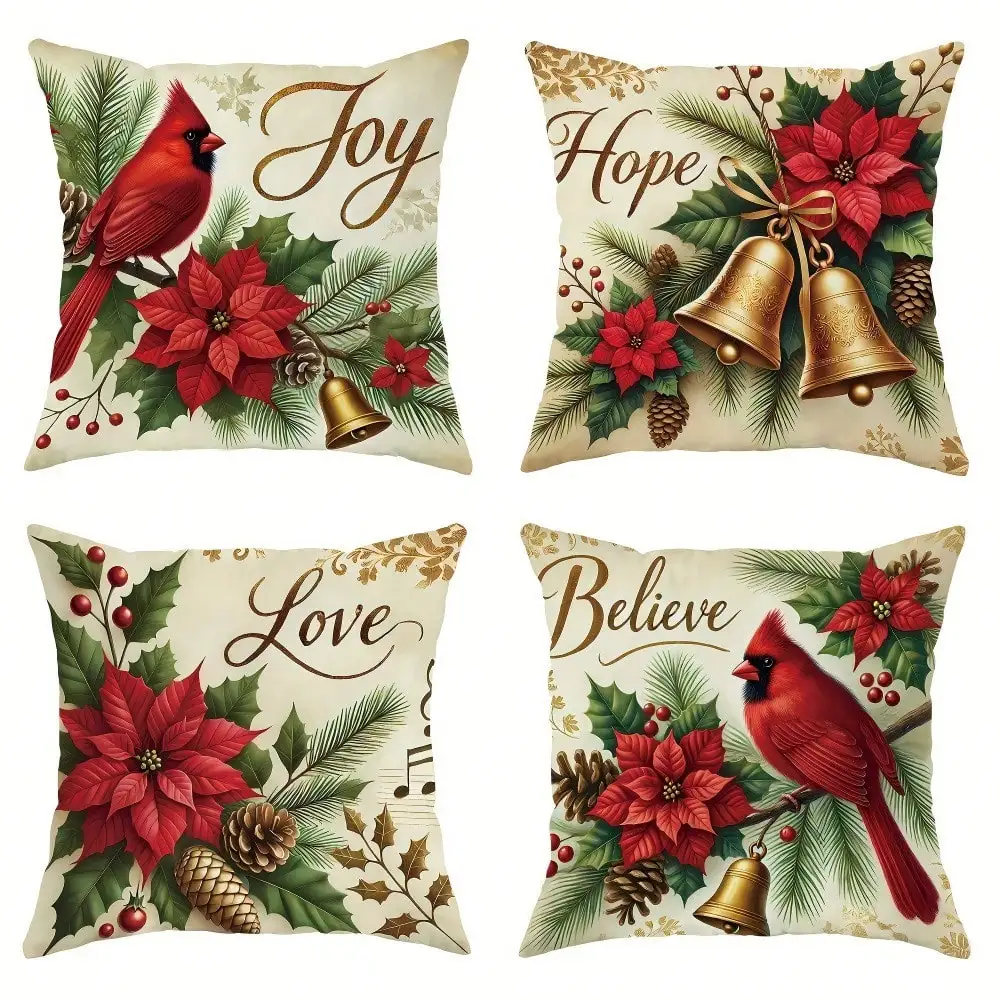 

4-Pack Vintage Cardinal Poinsettia Christmas Pillow Covers, Washable