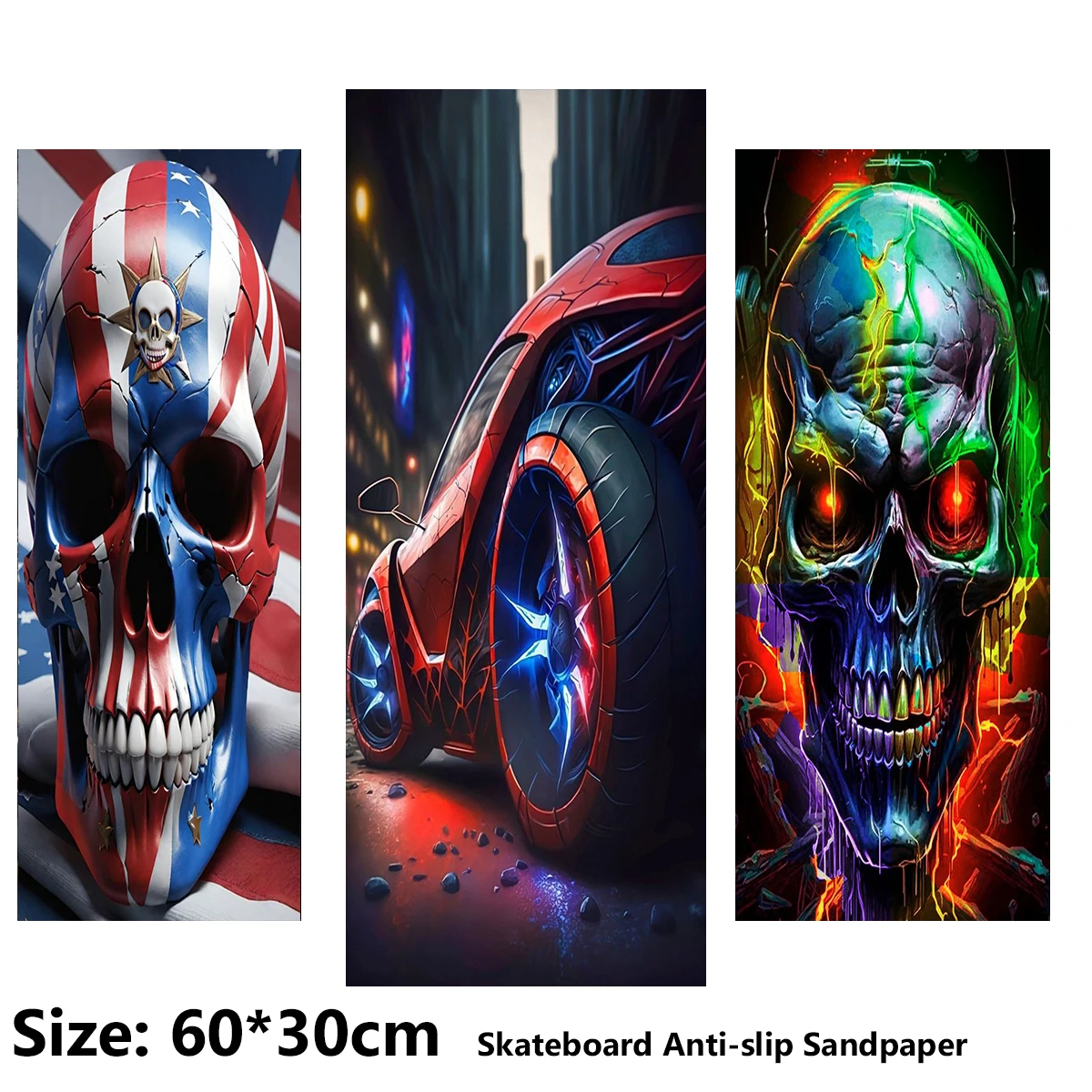 

Colorful Skull Cool Car Pattern Electric Scooter Anti-slip Sticker Sandpaper Skateboard Grip Tape Sheet 60*30cm