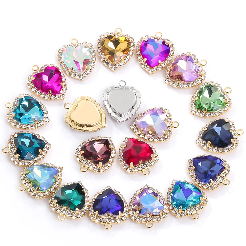 10pcs Crystal Heart Pendant Necklace Metal Button With Claw Hanging Rhinestone Accessories DIY Earrings Jewelry Decor Crafts