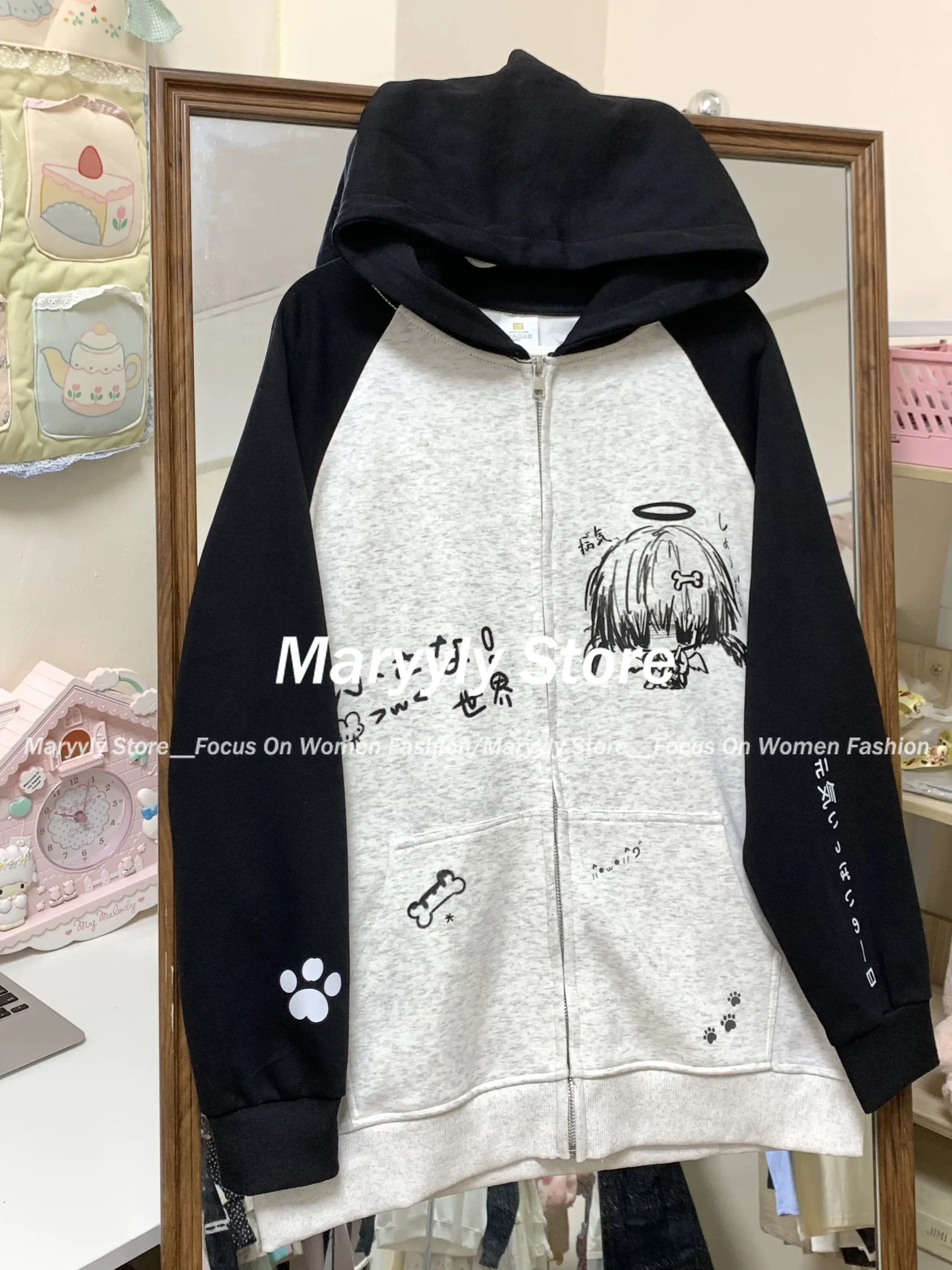 Japanese vintage Hooded Tops Women Y2k Aesthetic Cartoon Print Grunge Hoodie Casual Zip Up Sweatshirt Harajuku Streetwear new