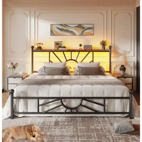 King Size Metal Platform Bed Frame with Classic Iron-Art Headboard & LED Light, Mattress Foundation with Under Bed Storage