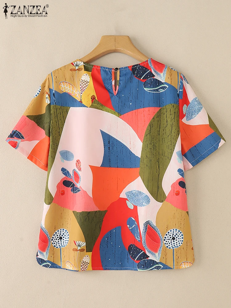 ZANZEA بلوزات نسائية عصرية مطبوعة بالورود 2025 صيفي غير رسمي برقبة دائرية وأكمام قصيرة Blusas Mujer ملابس نهارية خفيفة الوزن تونك