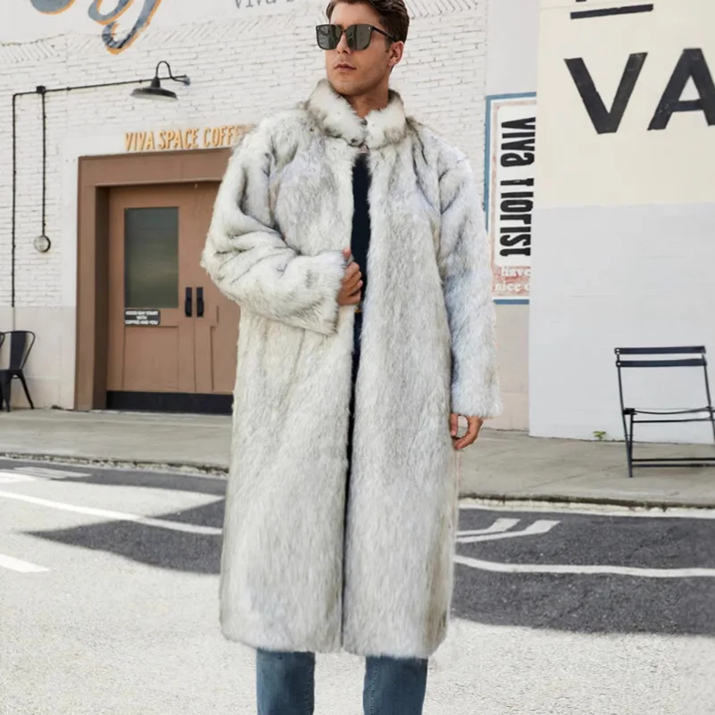 

Faux Fox Fur Jacket Men Autumn Winter Thick Maxi Coat Long Sleeve Warm Luxury Fur Black Parkas Bontjas Furry Shaggy Outerwear