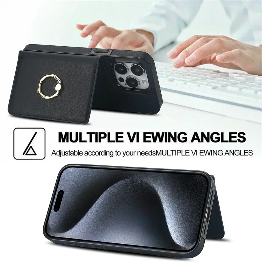 Sarung kulit dompet penghalang RFID, Slot kartu lipat magnetis 360 ° untuk iPhone 15 Pro Max 14 Plus 13 Mini 12 11 XS XR 8 7