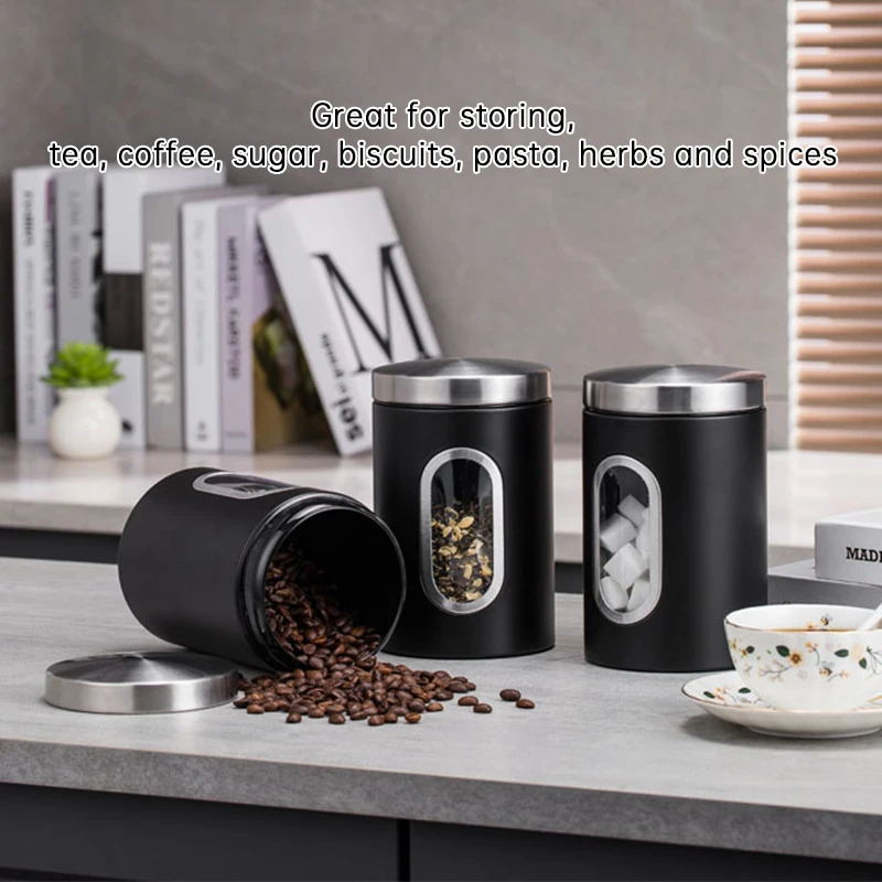 3Pcs/set Tea Coffee Sugar Canisters Storage Kitchen Stainless Steel Containers Kitchen Storage Tea Cans Nut Snacks Sealed